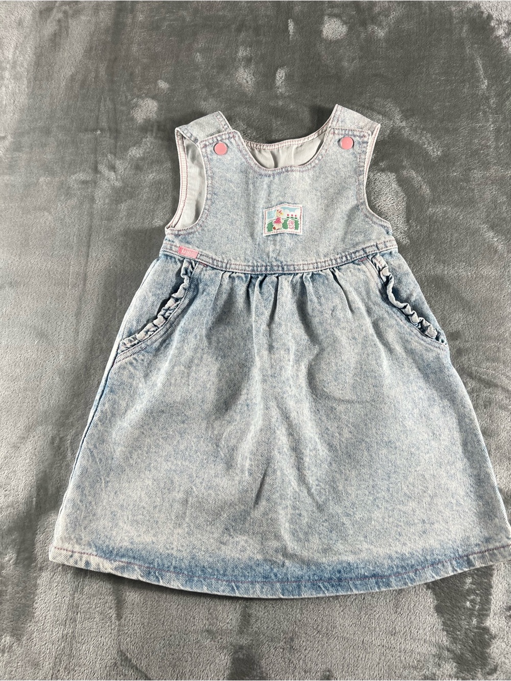 Vintage Lee Girls' Light Acid Wash Denim Pinafore Jumper Dress Sz 6 Snap Button